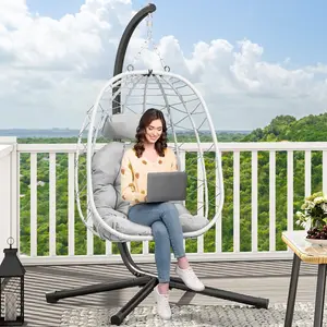 YITAHOME Rattan Swing Egg Chair, Max. load 150kg Egg Chair with Cushion & Stand Indoor 195x120x108cm Hanging Egg Chair Sturdy Steel Frame for Garden, Balcony & Outdoor, Grey Egg Chair & Grey Cushion