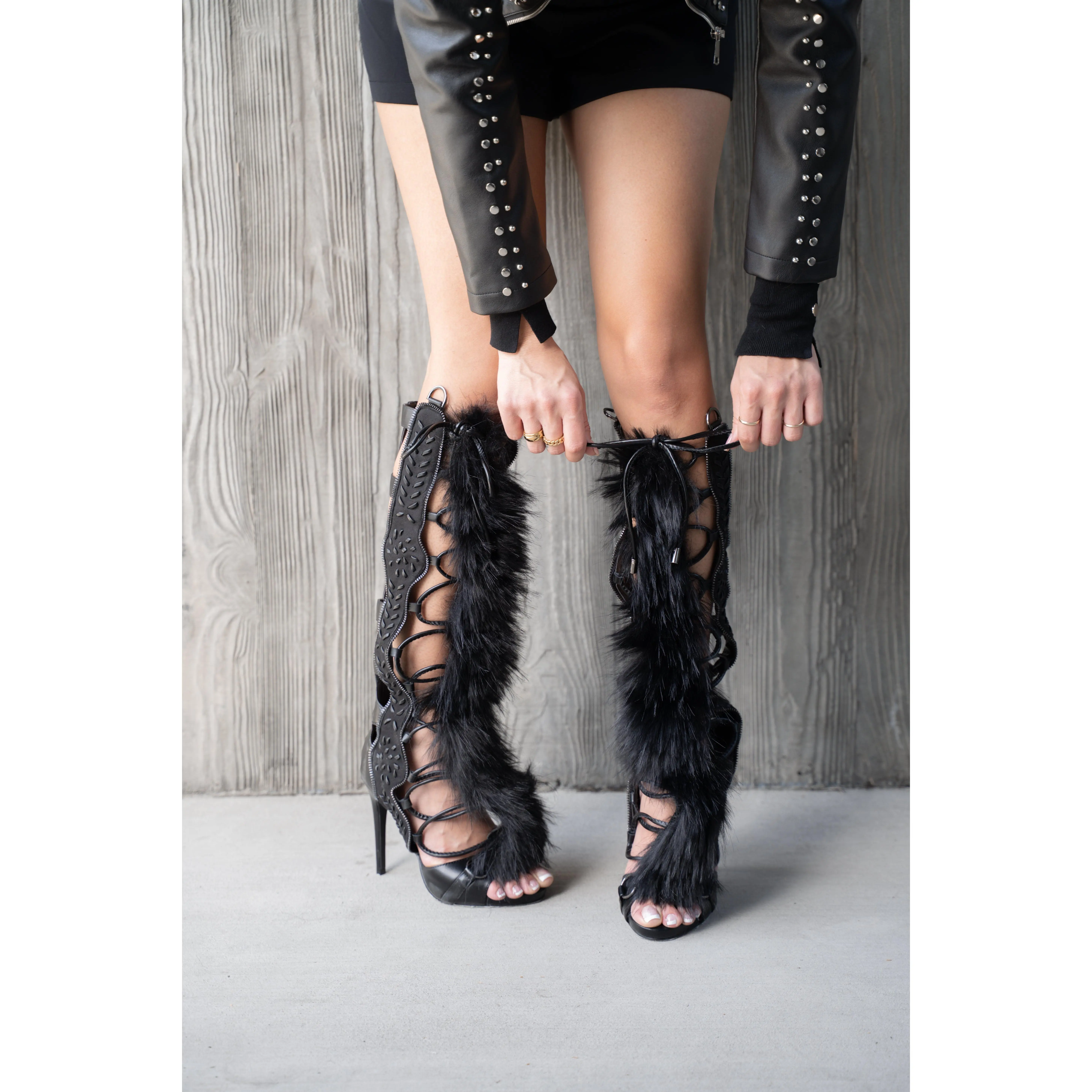 SHAINE-BLACK FAUX FUR GLADIATOR SANDAL BOOT
