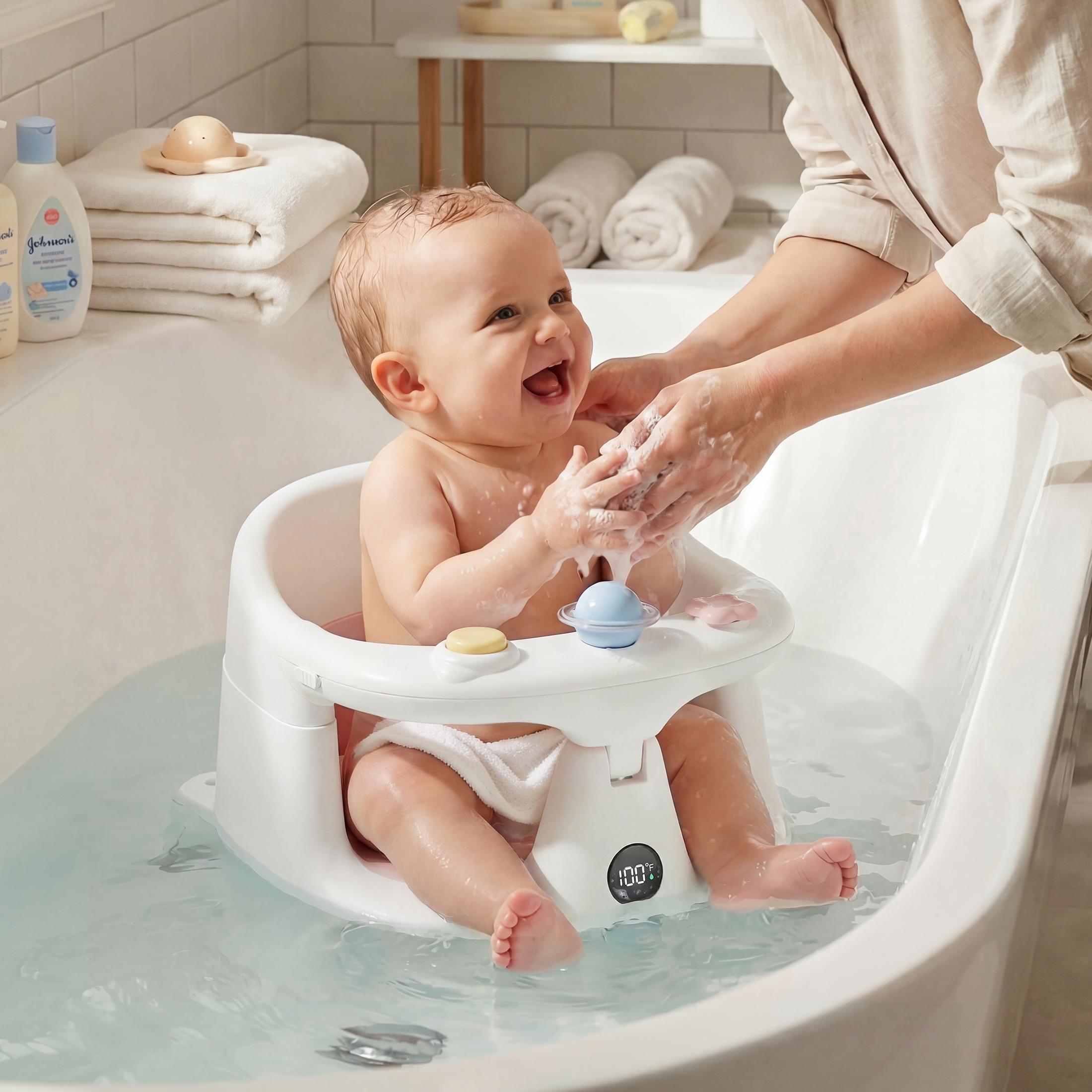 BabyBond Baby Bath Seat for 6 Months & Up with Built-in Thermometer, Strong Suction Cups & Sensory Toys, Non-Slip, Comfortable Infant Bath Seat for Babies Sitting Up