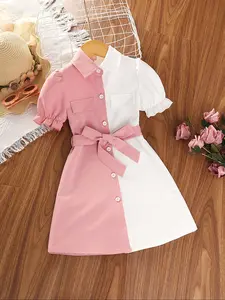 Young Girls Patchwork Adjustable Waist Belt Bubble Short Sleeve Dress, Fashionable Summer for Daily Wear, Collared Button Dress