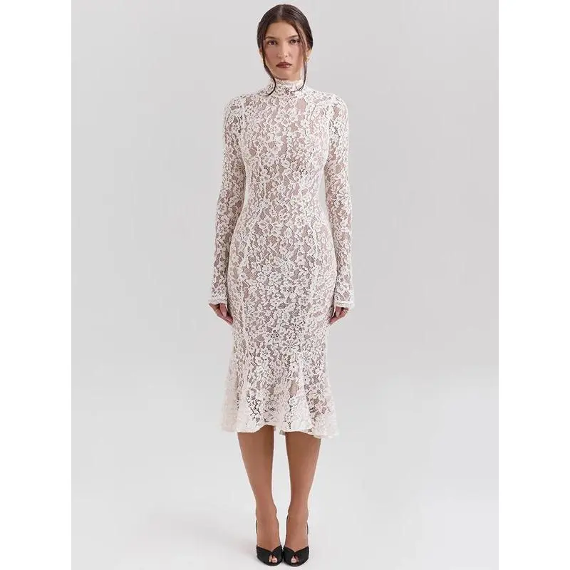 Lace Long Sleeve Sexy Midi Dress For Women Elegant White Half High Collar High Waist Bodycon Club Party Sexy Long Dress - TikTok Shop Lace Long Sleeve Sexy Midi Dress For Women Elegant White Half High Collar High Waist Bodycon Club Party Sexy Long Dress - TikTok Shop