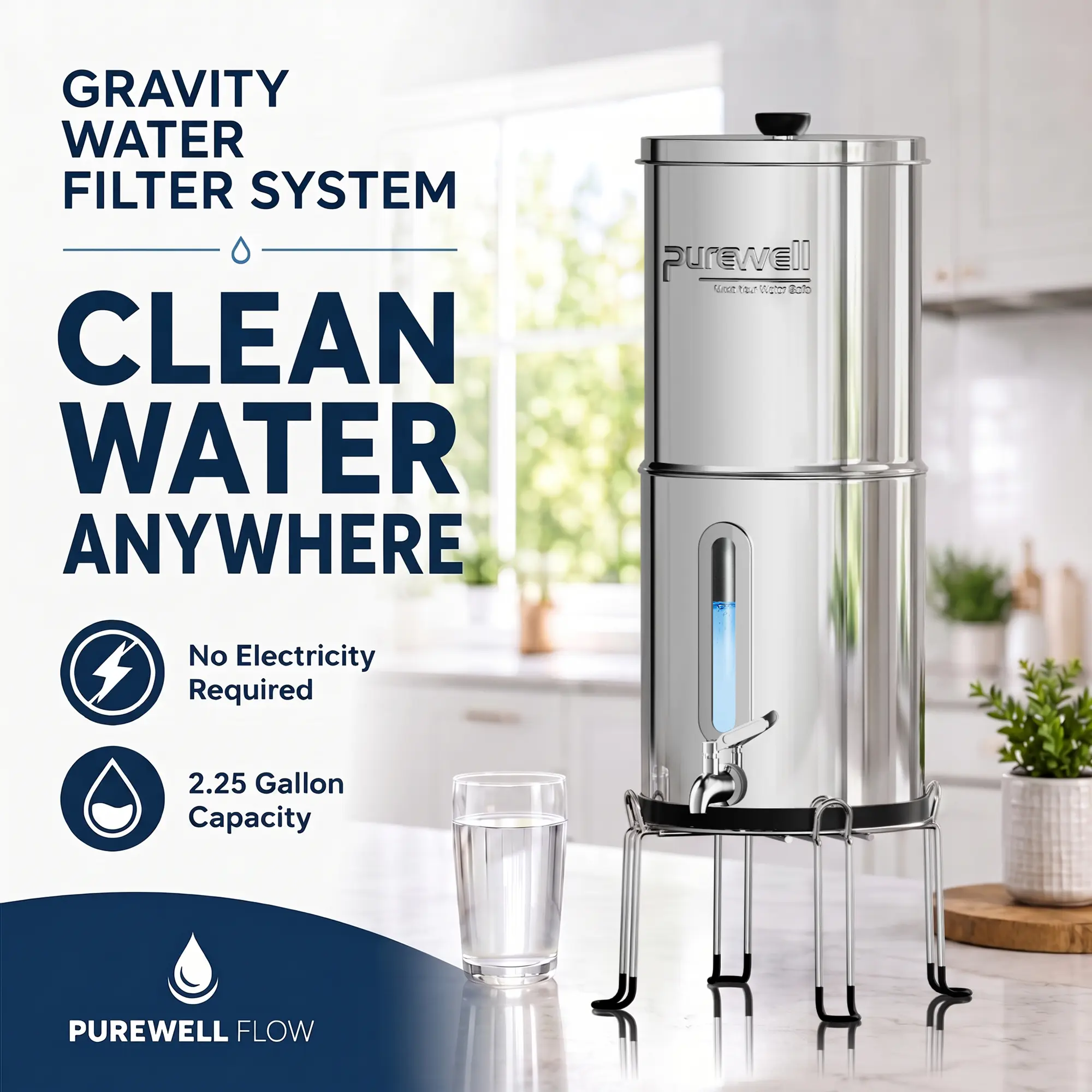 Purewell Flow Gravity Water Filter System - Stainless Steel Reusable Countertop Purifier with Activated Carbon, 2.25 gal cap. Filtration for Home Kitchen Cabin Water Container, Emergency Prep