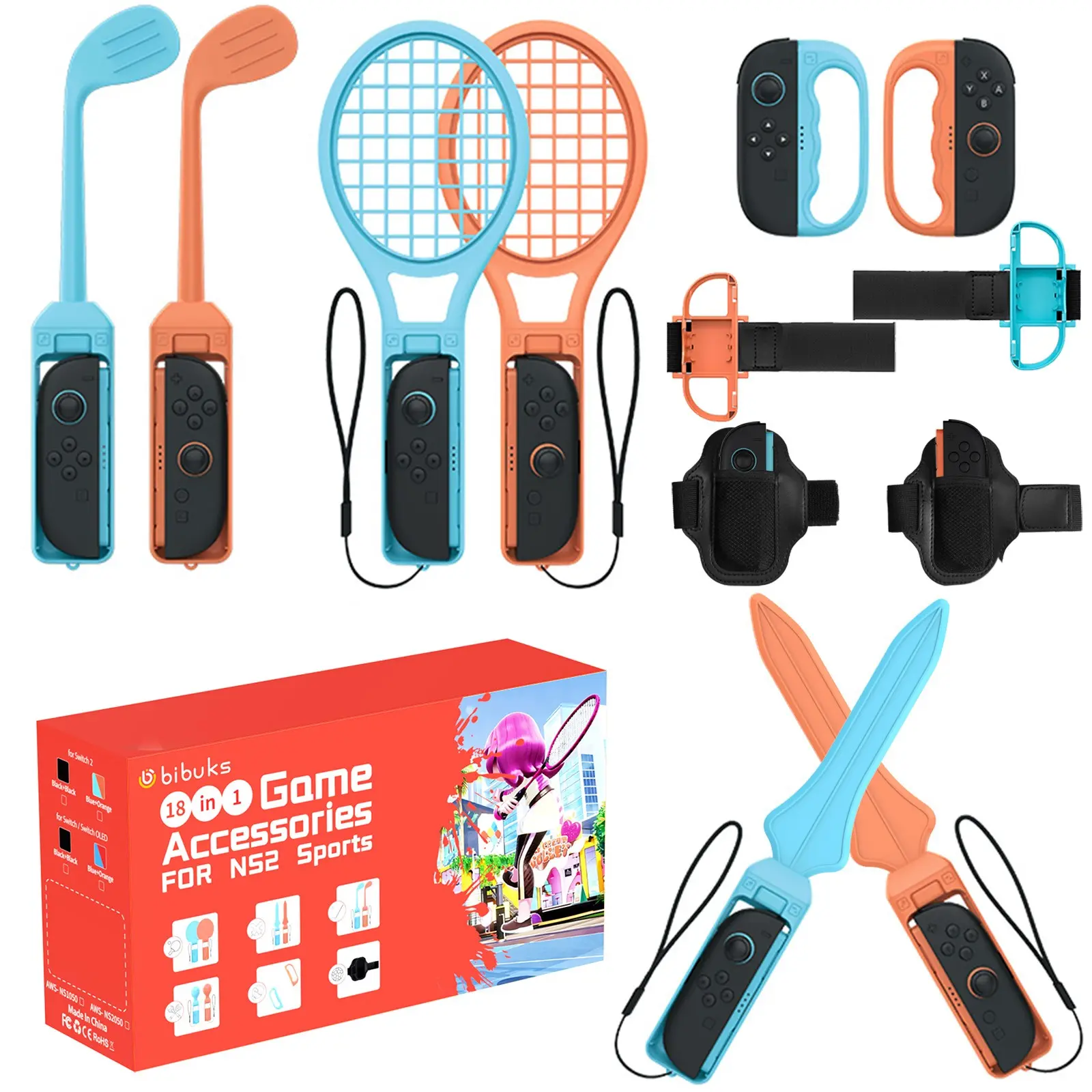 18 in 1 Sports Accessories Kit  for Nintendo Switch 2 Joy-Con Controllers, Gaming Accessories, Console Controller Accessories, Game Peripherals, Golf Clubs Tennis Rackets Swords Wrist Straps Kit, Gaming Items