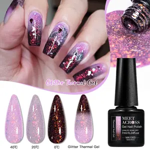 MEET ACROSS Glitter Color Changing Gel Nail Polish Purple To Black Shimmer Mood Temperature Change Colors Iridescent Flakes Thermal UV Gel Nail Art Shimmering Iridescent Flakes