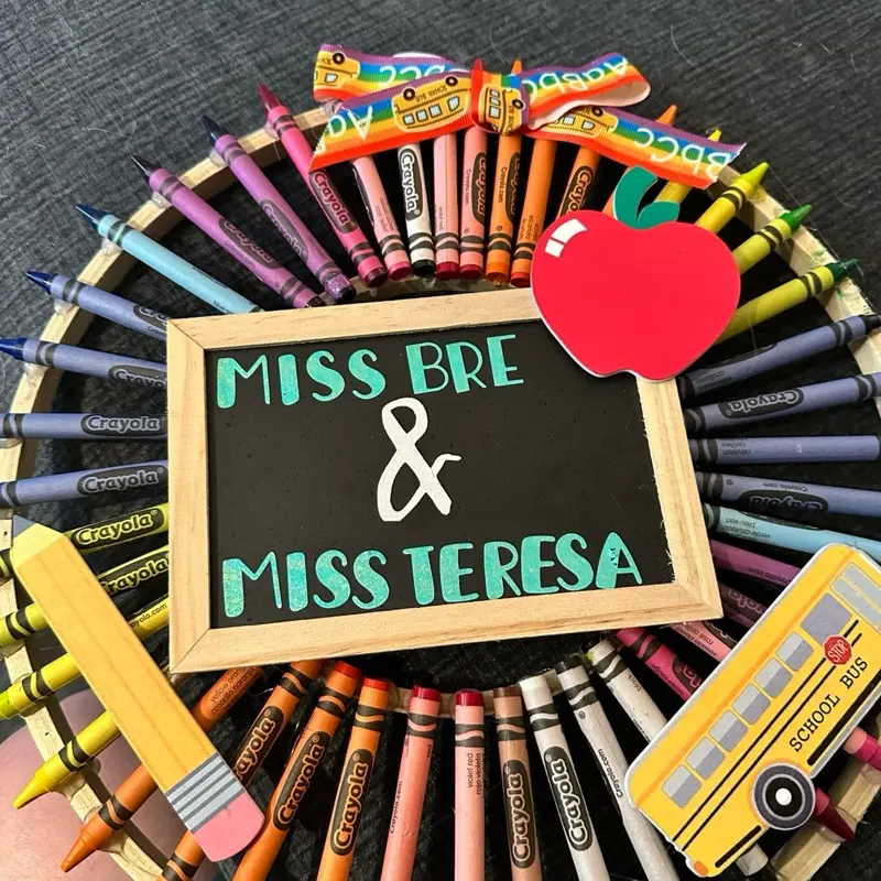 Large Crayon Teacher Wreath Customized with Miss Bre & Miss Teresa Names and Crayola Crayons for Classroom Decor