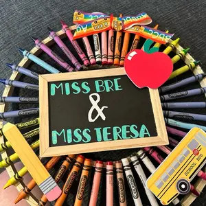 Large Crayon Teacher Wreath Customized with Miss Bre & Miss Teresa Names and Crayola Crayons for Classroom Decor