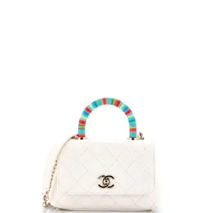Pre-owned CHANEL Leather Top Handle Bags Coco Top Handle Bag Quilted Goatskin with Multicolor Handle Extra Mini by Rebag