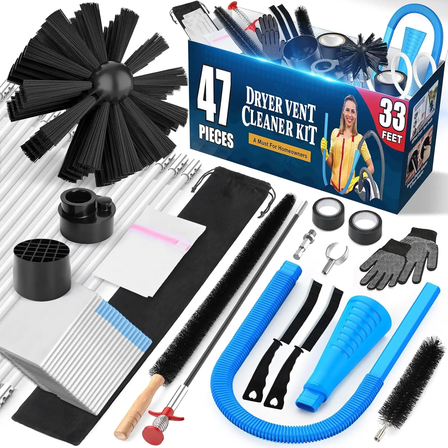-Pieces 33- Dryer Vent Cleaner Kit, Dryer Cleaning Tools, Include Omnidirectional Blue Dryer Lint Vacuum Attachment, Dryer Vent Brush, Universal Vacuum & Dryer Adapters