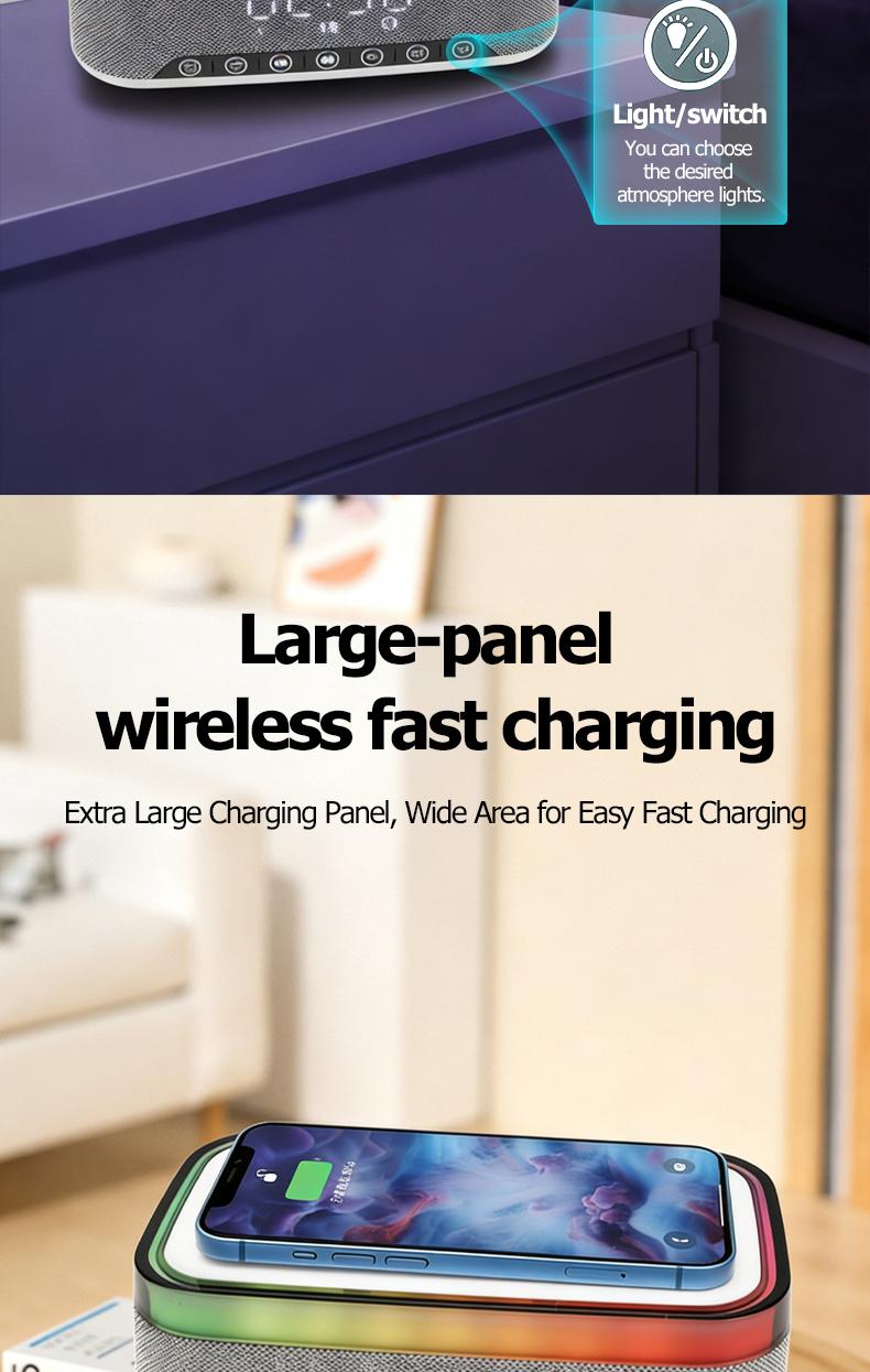 Wireless Speaker, 10W Bluetooth Speaker with 15W Wireless Charging, 13-Color Night Light, Alarm, White Noise, FM Radio, Portable, Stereo, TWS, BT5.3, for Home, Office & Bedroom (White)