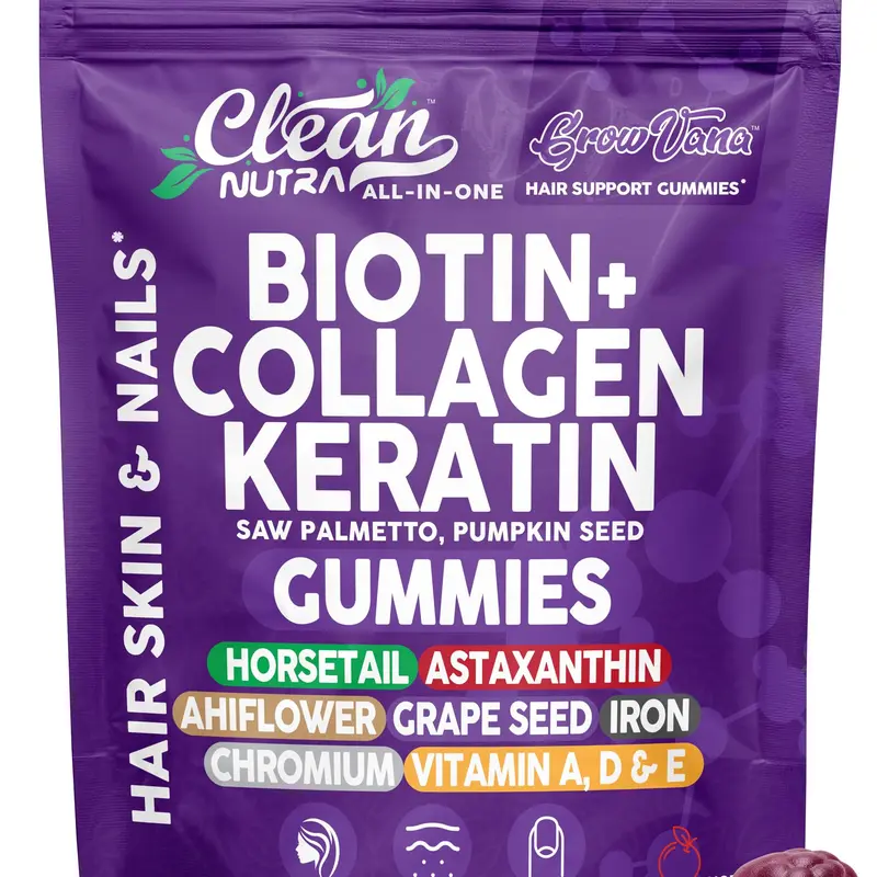 Clean Nutra Biotin+, Collagen, Keratin, Saw Palmetto, Pumpkin Seed & Astaxanthin for Hair, Skin & Nail Support Gummies – GrowVana