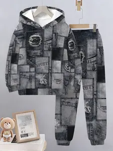 Kids Hooded Sweatshirt Set Gradient Denim Patchwork Print Vintage Workwear Style Casual Daily Wear