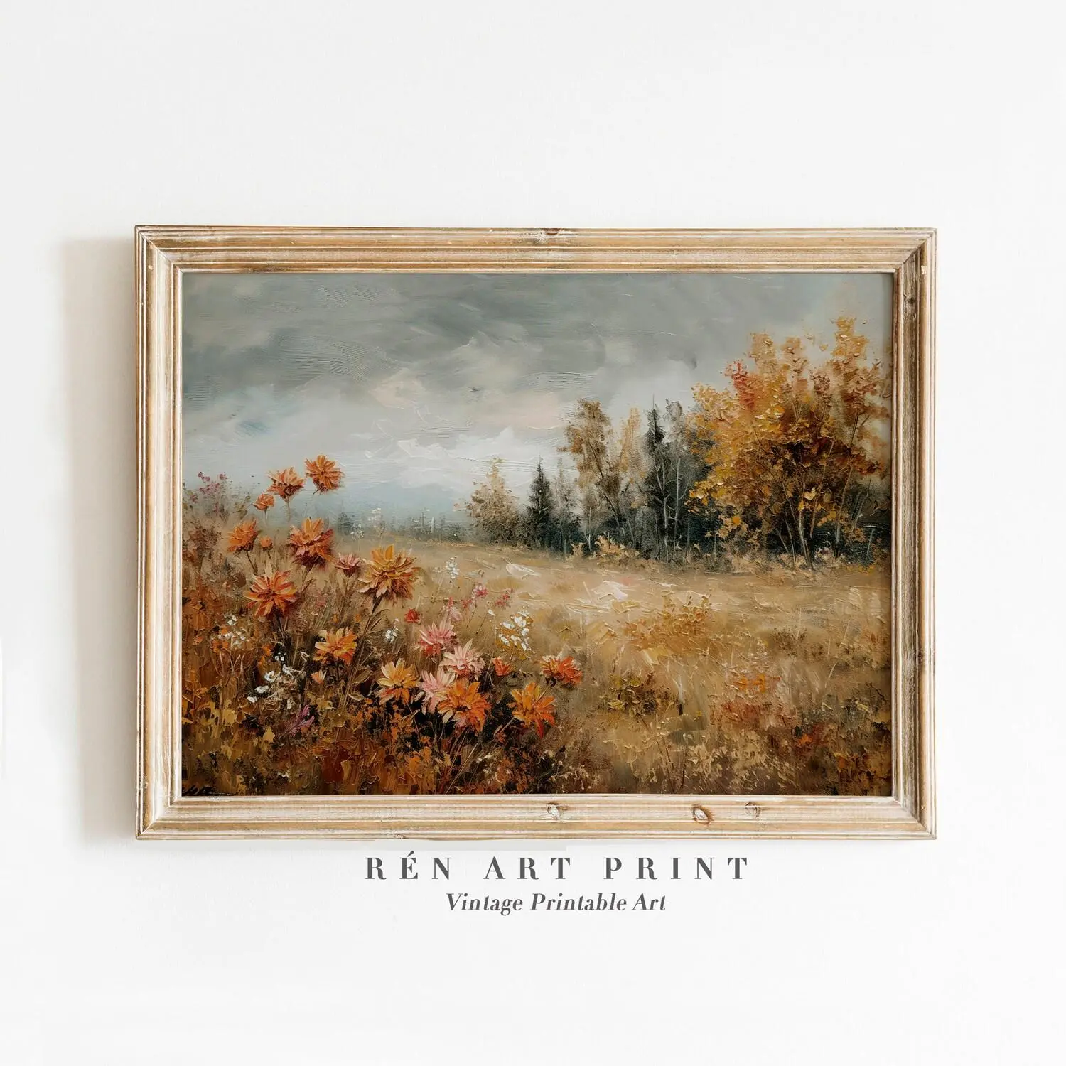Autumn Landscape Painting | Vintage Rustic Wall Art | Wildflower Fall Art Print | Antique Farmhouse Wall Decor | Cottage Wall Art