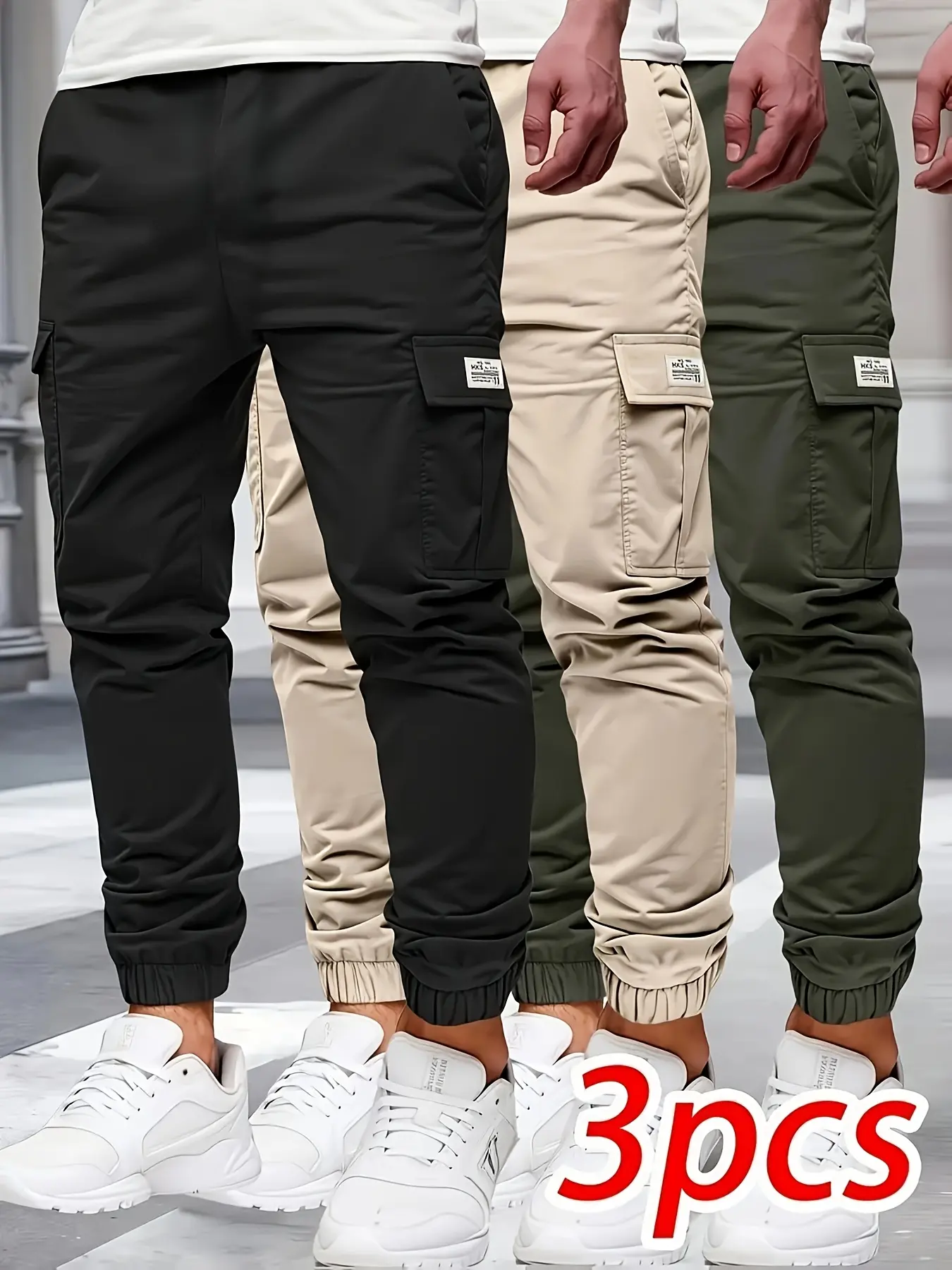3-pack men’s casual cargo pants, multi-pocket design — loose fit, waist detail, solid color, suitable for everyday wear, non-stretch fabric