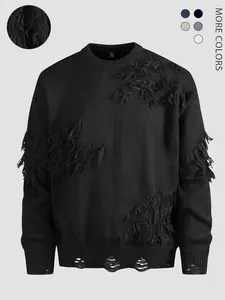 American Style Fall Winter Sweater, Round Neck Distressed Fleece Hole Design, Unisex Casual Fashion Knit Pullover, Suitable for Daily Wear