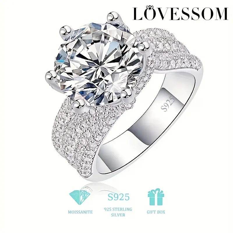 925 Sterling Silver 5 Carat Moissanite Ring, Luxurious Full Faux Diamond Inlay, Commemorative Day Birthday Wedding Engagement Proposal Gift