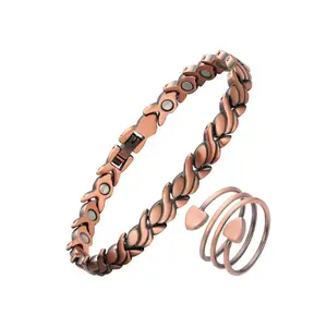 Women's 99.99% Pure Copper Magnetic Bracelet and Ring Set, Adjustable Cuff Bangle, Elegant Jewelry Gift for Valentine's Day and Mother's Day