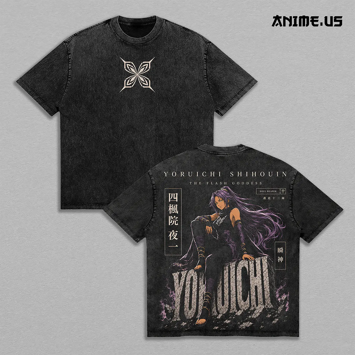 Yoruichi Shihouin Bleach Flash Goddess Shunko Thunder Form Soul Reaper Vintage Washed Heavyweight Cotton T-Shirt Double Sided Graphic Oversized Anime Streetwear Tee Gift for Bleach Fans