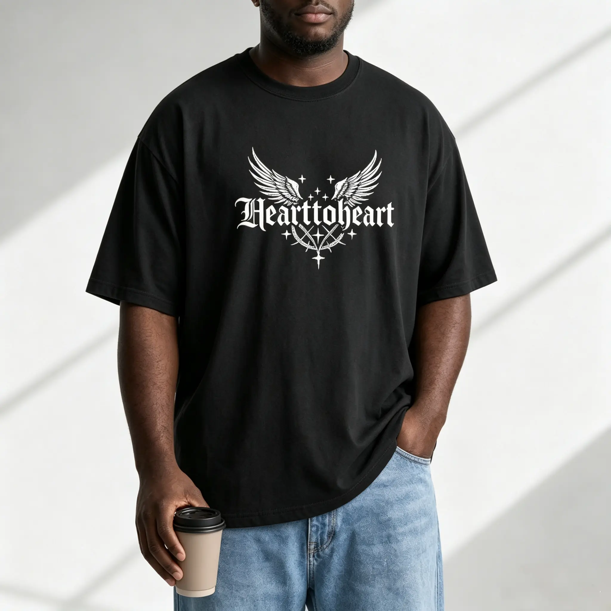 Gothic Heart To Heart Wing Thorn Graphic T-Shirt 100% Cotton Oversized Black Y2K Streetwear Tee Men's Short-Sleeve Drop Shoulder Premium Soft Breathable Cotton Plain T-Shirt
