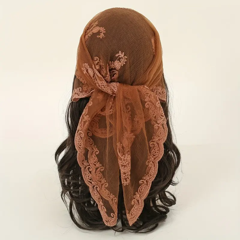 Thin Gauze Paisley Embroidery Elegant Square Scarf, Casual Rusty Brown Head Wrap, Shawl, Turban, Hijab Bandana