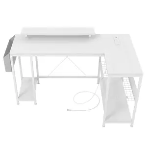 GARVEE L Shaped Gaming Desk with LED Lights, Power Outlets, Reversible Corner Design, Monitor Stand, and Storage Shelf for Home Office, Gaming, and Writing Desk in White