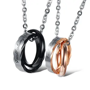 Simple small gift, double ring interlocking stainless steel couple necklace