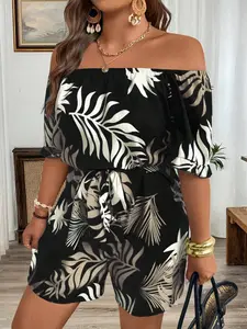 Plus Size Women's One Shoulder Boho Tropical Plant Print Jumpsuit, Bubble Sleeves, Elastic Waist, Loose Shorts, Summer Vacation Beach Party