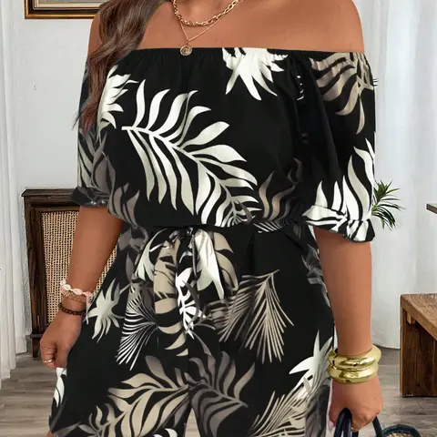 Plus Size Women's One Shoulder Boho Bohemian Tropical Plant Print Stylish Boho Casual Jumpsuit, Bubble Sleeves, Elastic Waist, Loose Shorts, Summer Vacation Beach Party