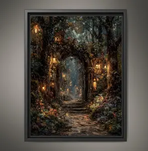 Enchanted Fairy Portal Forest Print, Mystical Lanterns Woodland Painting, Vintage Fantasy Firefly Wall Art
