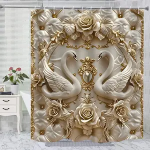 1pc/4pcs, bathroom set, shower curtains, bathroom decor, bathroom rug, bathroom mat, Bathroom Accessory, Swan Pattern, with 12 hooks, Bathroom Decoration Accessories