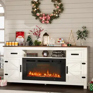 【2 Packages Shipping】oneinmil 70" Fireplace TV Stand with Barn Door for TVs up to 80" Farmhouse Entertainment Center with Storage Cabinets White TV Stand and Black Electric Fireplace 12 Flame Colors 12 Backlight Options