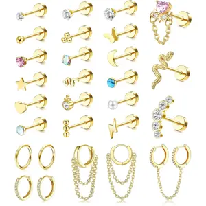 28Pcs 14K Gold Plated Cartilage Stud Earrings and Hoops Set Stainless Steel Conch Helix Tragus Flatback Stud Earrings Dangle Chain Huggie Hoop Earrings Set for Multiple Piercing