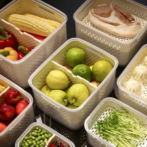 4 Pack BPA-Free Fridge Storage Containers Leak-Proof Stackable Organizers with Removable Colander for Fresh Fruits Vegetables Salad Berry Lettuce Meat