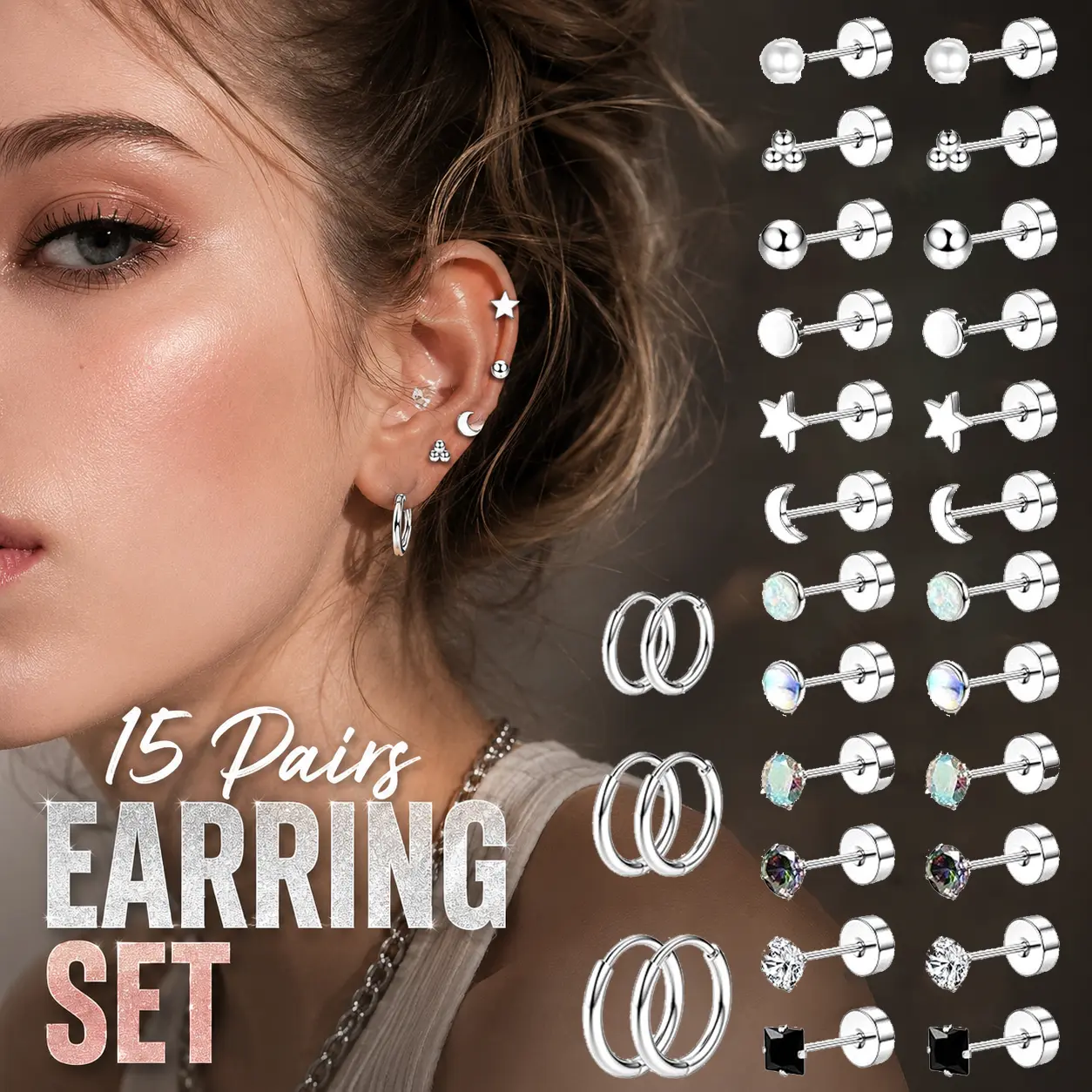 16 Pairs Surgical Steel Earrings for Sensitive Ears Hypoallergenic 20G Stainless Steel Stud Hoop Earrings for Women Men Small Opal Ball CZ Surgical Steel Flat Back Earrings Cartilage Earrings Hoop Stud