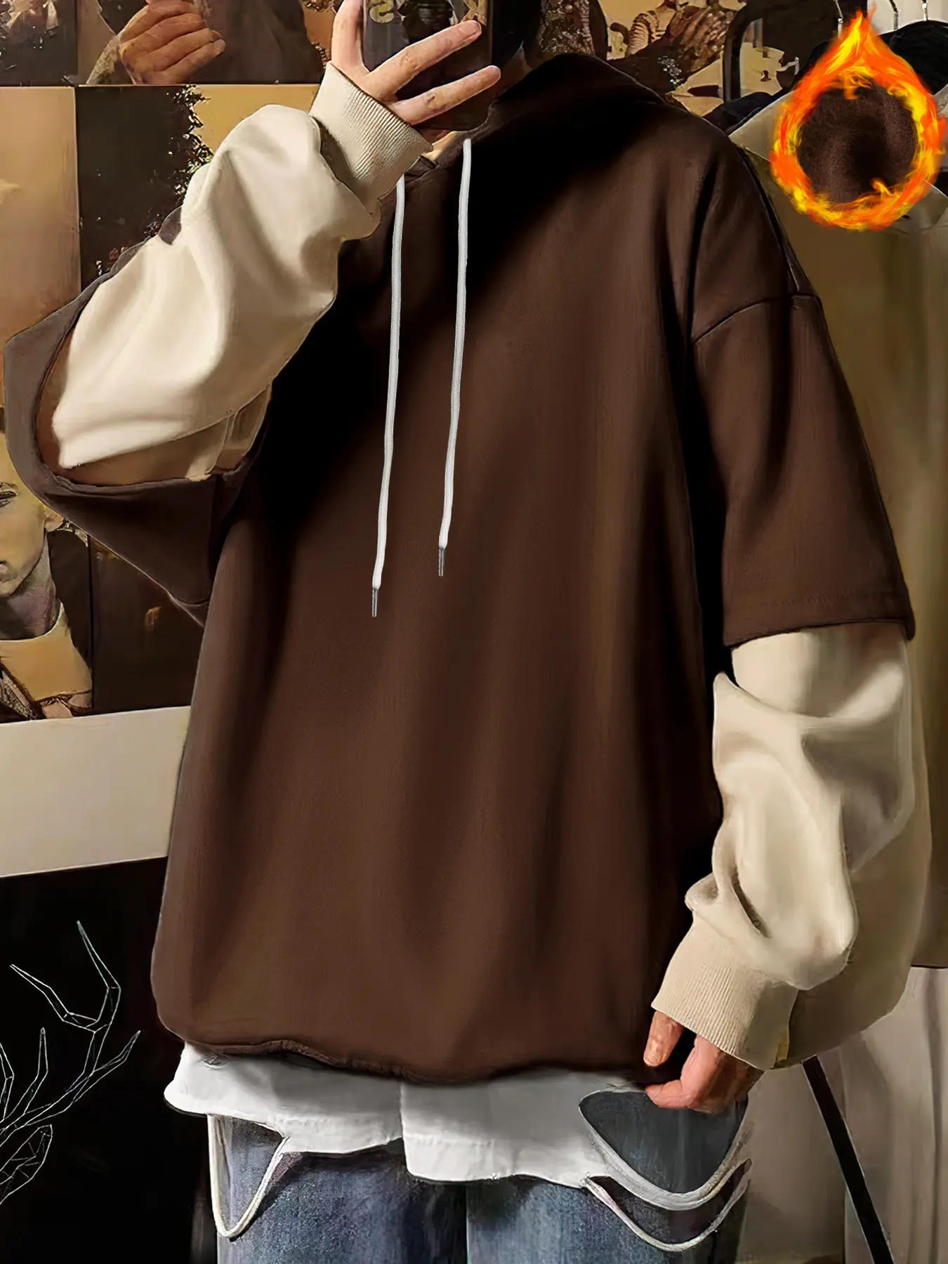 Men's Long Sleeve Hooded Sweatshirt, Casual Fitted Colorblock Design Aesthetics, Menswear Fall & Winter Fashion Outdoor Sports Wear Apparel Fabric, Casual Style Sweatshirt
