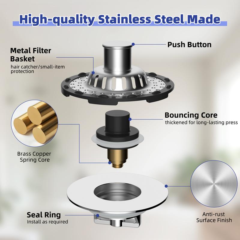 Hibbent Bathtub Drain Stopper with Visible Top Hair Catcher, Innovative 3 in 1 Pop-up Bathtub Strainer Fit for Standard 1.5 to 2.4in Drain Hole, with Detachable Stainless Steel Filter Basket, Chrome