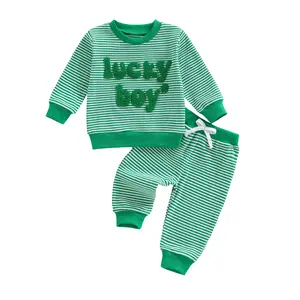 Babamoon Toddler Baby Boy St. Patrick's Day Outfits Striped Lucky Boy Shamrock Embroidery Crew Neck Long Sleeve Sweatshirt Tops and Pants 2Pcs Clothing Set