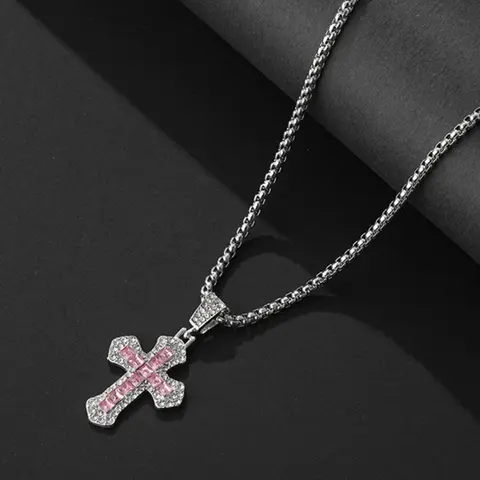 Punk Style Glitter Cross Pendant Necklace with Rhinestones, Unisex Zircon Chain Jewelry, Street Fashion Arrow Sweater Chain Accessory, Rhinestone Decorated Necklace, Fashionable Accessory, Cross Necklaces, Fashion Accessories
