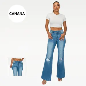 Valerie CANANA Stretchy High Rise Crossover Tapered Ripped Bootcut Jeans for Women SH25F15 Womenswear Comfortable Denim Bell Bottom Outfit Flare Leg Regular Size Plus Size
