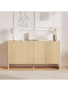 58'' Modern Fluted Sideboard Buffet Cabinet with 4 Doors, Adjustable Shelves, Wooden Credenza, Coffee Bar Storage Console Table for Kitchen, Dining Room - Natural Finish