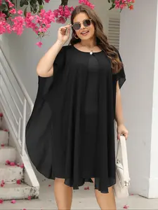Nemidor Women's Round Neck Batwing Elastic Plain Casual Long Dress - Plus Size Vintage Elegant Formal Womenswear, Comfortable Fabric, Ideal for Bridesmaids, Weddings, Wedding Attire