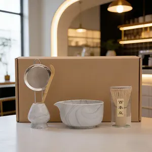 Japanese Style Blue Marbled Ceramic Tea Set, Includes Matcha Whisk & Strainer, Elegant Design for Traditional Teas, Perfect Gift Idea