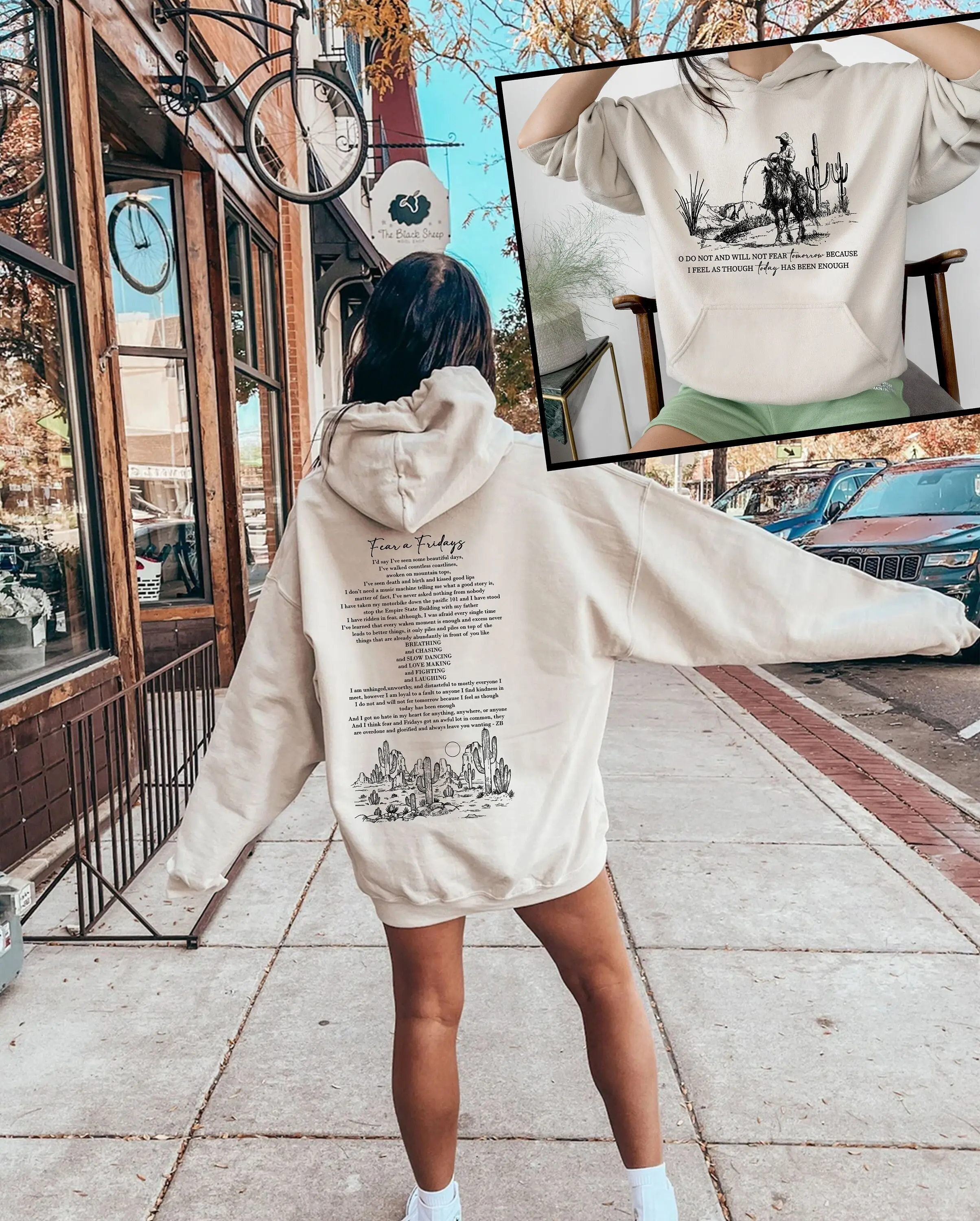 Fear and Fridays Poem Sweatshirt and Hoodie Front and Back Printed, Western Hoodie , Fall Cozy Season Concert Hoodie Best Price