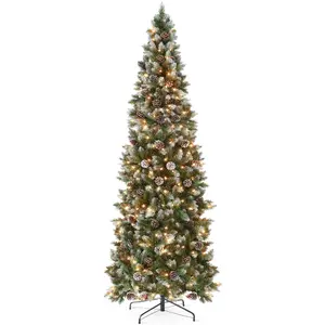Best Choice Products Pre-Lit Slim & Partially Flocked Pencil Christmas Tree Collection – 4.5ft to 12ft, Space-Saving with Lights, Pine Cones