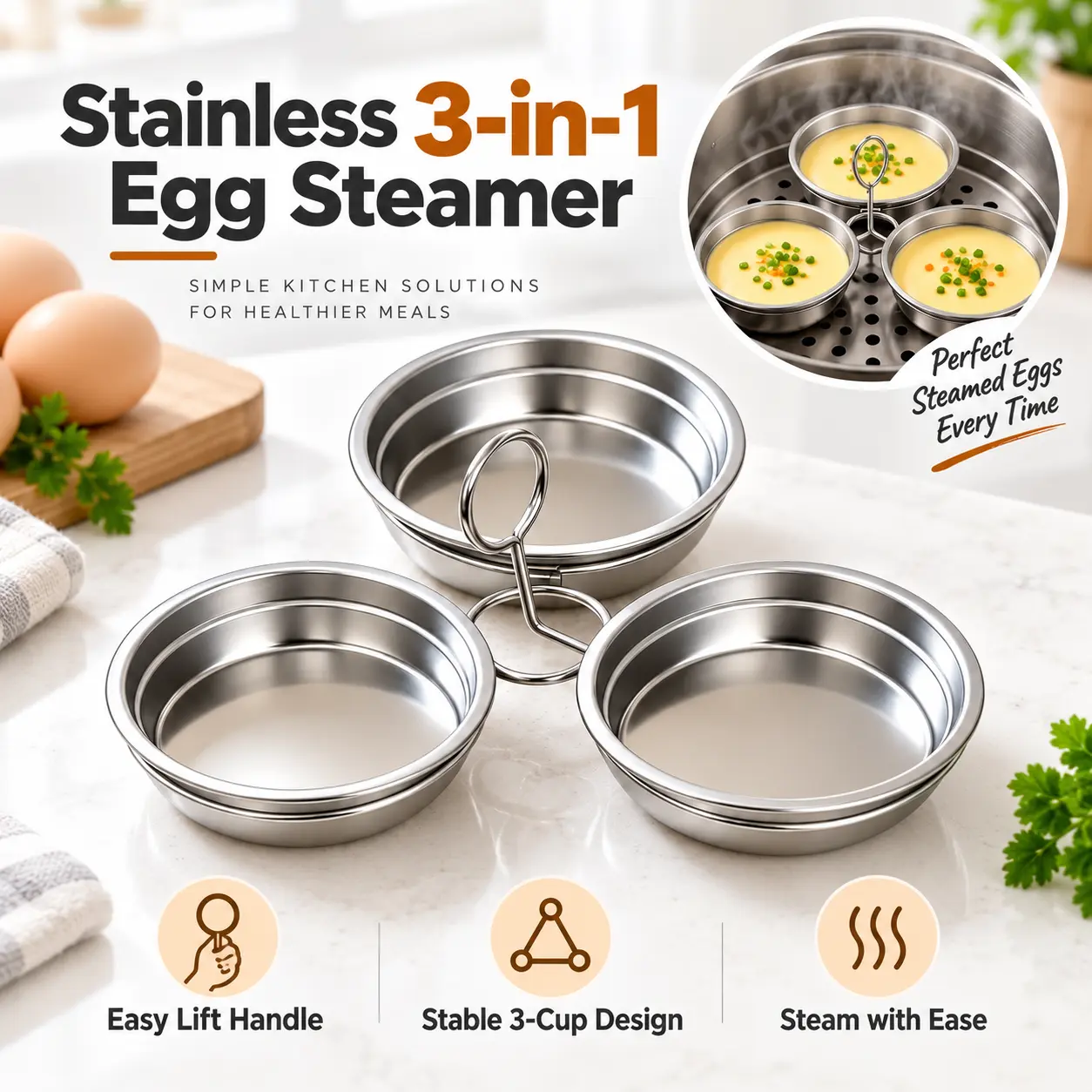 Stainless Steel 3-Cup Round Egg Poacher Insert, 3-in-1 Cookware Accessory, Each Cup Holds 1 Egg, Reusable for Home Kitchen Breakfast Simultaneous Cooking, Each Cup Holds One Egg