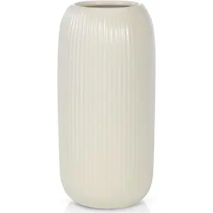 Beige Ceramic Vase for Flowers 8 INCH Modern Small Ribbed Textured Beige Flower Vase for Home Decor Pampas Grass Decorative Farmhouse Coffee Table Bookshelf and Home Living Minimalist Design & Ribbed Texture 100% Premium Ceramic Material Handmade C