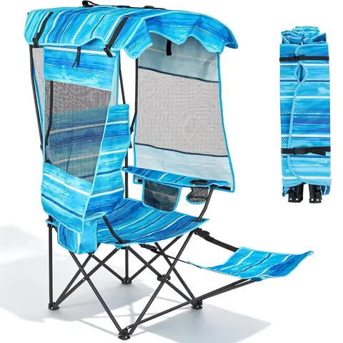 SLSY Heavy-Duty Folding Campchair - 3-Sided Sun Protection, Metal Frame, Cooler Bag Ready, Secure Cup Holder, Airflow Mesh Sides, Compact Fold, Supports 330lbs, Portable Outdoor Equipment for Camping, Beach