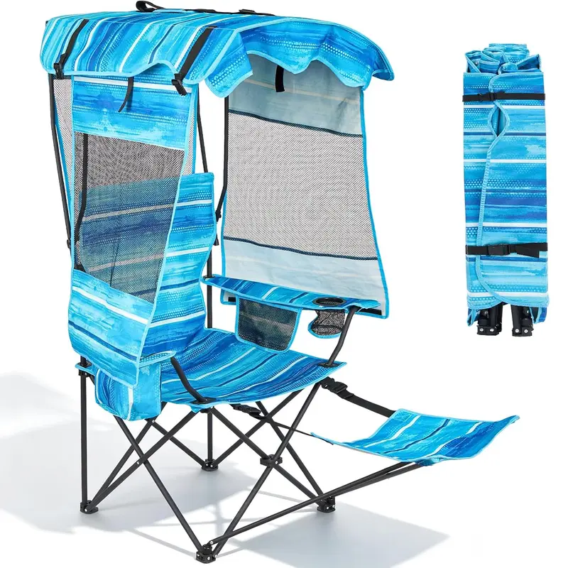 SLSY Heavy-Duty Folding Campchair - 3-Sided Sun Protection, Metal Frame, Cooler Bag Ready, Secure Cup Holder, Airflow Mesh Sides, Compact Fold, Supports 330lbs, Portable Outdoor Equipment for Camping, Beach