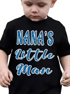 Boys' Crew Neck Cotton Tee - "Nana's Little Man" Funny Graphic Tee, Cute Star Pattern Casual Top, Nana Love Short Sleeve Grandson Cartoon Print Top, Crew Neck Tee