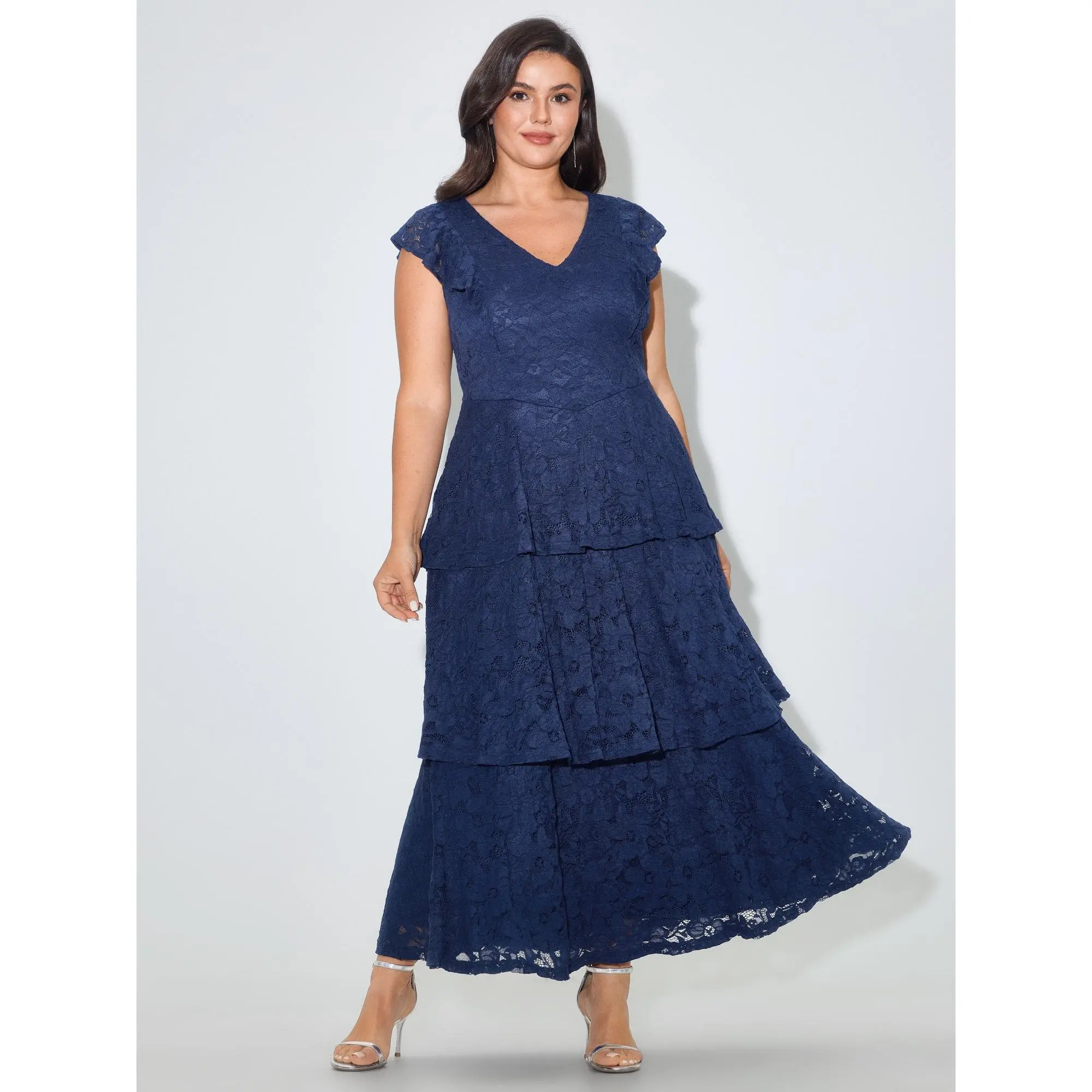 BLOOMCHIC Plus Size Lace Mesh Flutter Sleeve Ruffle Layered Midi Dress[M-6X] Summer Finds