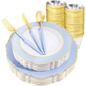 WDF 150pieces Baby Blue Plastic Plates with Gold Rim - Disposable Gold Plastic Silverware With Blue Handle-Baroque Light Blue&Gold Disposable Plates Dinnerware for Wedding/Party/Baby Shower